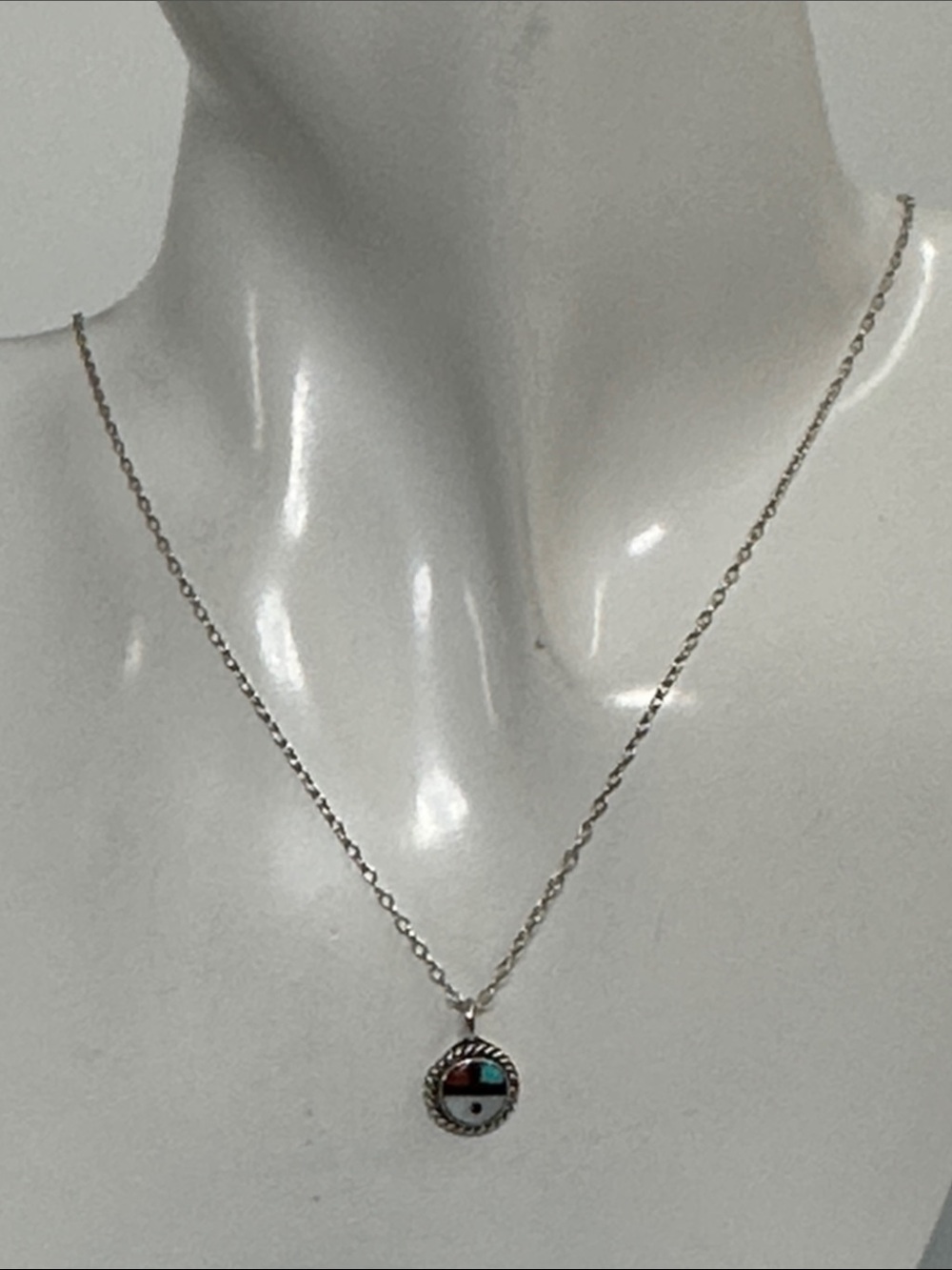 Navajo Sterling Silver Turquoise Inlay Round Pendant Necklace - Blue